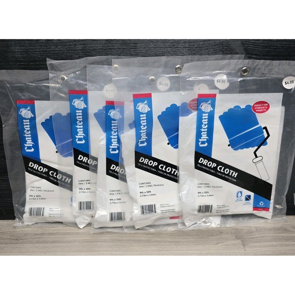 Chateau Paint Drop Cloth 12x9 Ft Set of 5 Clear Plastic C-SDC 2 Mil Thickness